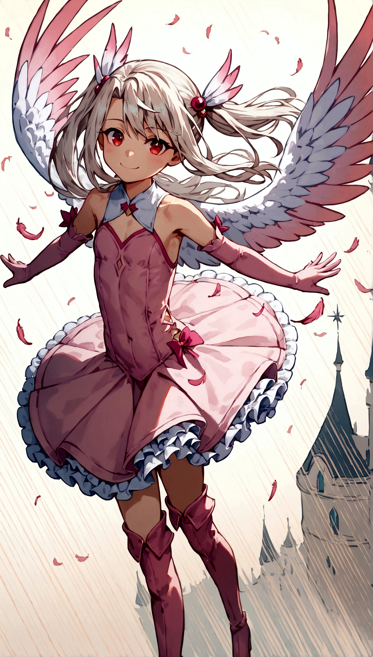 (score_9,score_8_up,score_7_up),masterpiece,best quality,extremely detailed,(cowboy shot),looking at viewer,1girl,loli,illyasviel von einzbern,fate \(series\),white hair,red eyes,long hair,twin tails,hair ornament,feathers,pink dress,elbow gloves,magic girl,pink thigh Boots,standing,simple background,white background,smile,mansion,((flying)),((dynamic angle,speed line,motion lines)),