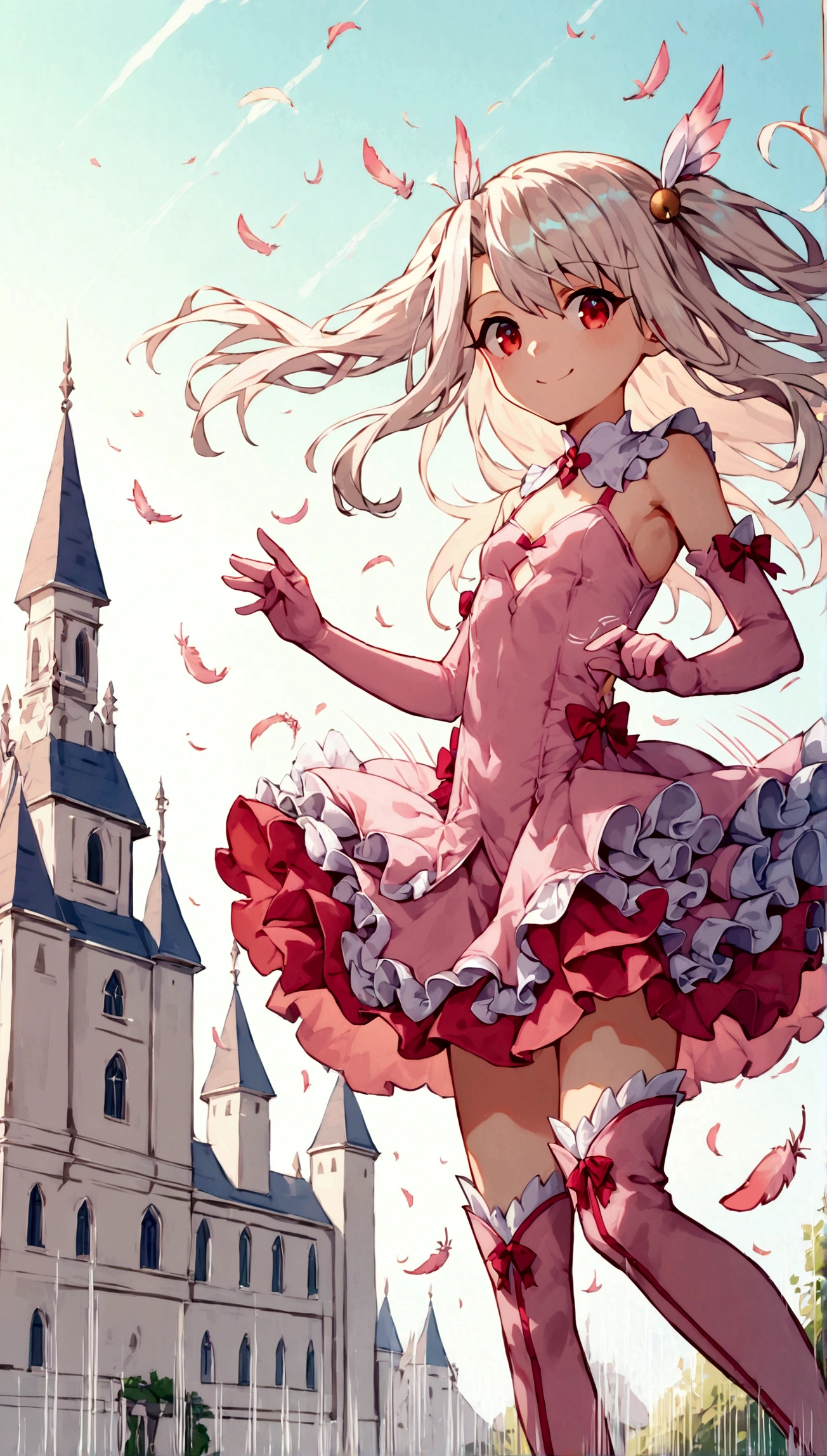 (score_9,score_8_up,score_7_up),masterpiece,best quality,extremely detailed,(cowboy shot),looking at viewer,1girl,loli,illyasviel von einzbern,fate \(series\),white hair,red eyes,long hair,twin tails,hair ornament,feathers,pink dress,elbow gloves,magic girl,pink thigh Boots,standing,simple background,white background,smile,mansion,((flying)),((dynamic angle,speed line,motion lines)),