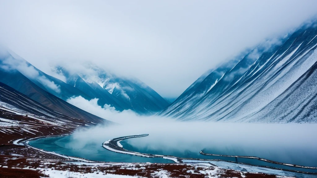 Relaxing image, asian, tibet, snow and a lot of fog