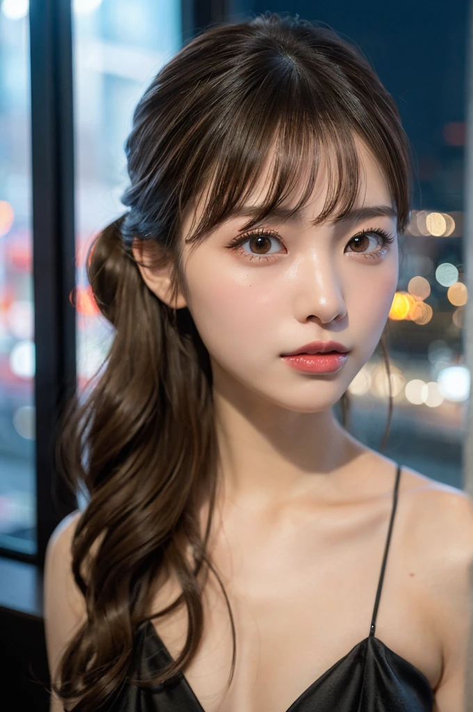 (masterpiece:1.3), high resolution, ultra detailed, extremely detailed CG unity 8k wallpaper, realistic, photo-realistic, RAW photo, beautiful detailed face, pale skin, realistic glistening skin, detailed cloth texture, detailed hair texture, Perfect body, Beautiful Face, accurate, Anatomically correct, Highly detailed face and skin texture, natural neck length, (beautiful hands), (fair skin:1.1), (well-aligned teeth:1.1), (Sweaty skin:1.2), baby face,
BREAK, 
Detailed eyes, symmetric eyes, Light Brown eyes, Double eyelids, Thin eyebrows, (Glossy lips:1.4), ((A face with waiting for a kiss:1.2)), (blush:1.1), (A sparkling small hair accessory:1.1), 
BREAK, 
(A classy and Cute woman1.3), (nude, nsfw, nipple, navel:1.2), 
BREAK, 
medium large breasts, slender figure, firm abs, 
((updo hairstyle, Dark blonde hair, wavy hair, long hair, asymmetric bangs:1.2)),  (cowboy shot:1.2), (looking at viewer), (Focus on face:1.2), From above, 
BREAK, 
((Sitting side by side on the backseat of a hotel)), (((A view of Tokyo outside the window at Night:1.3))),