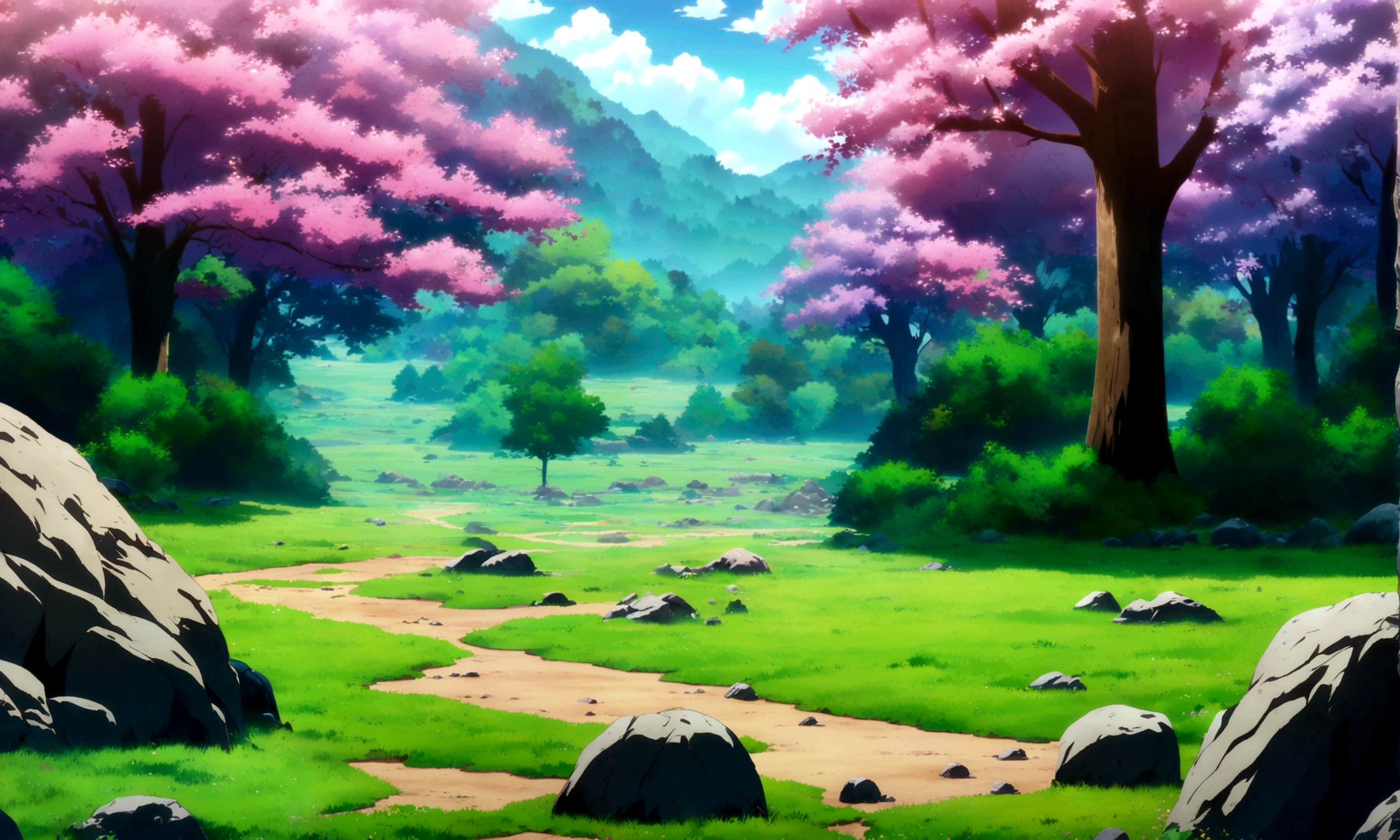 anime - style painting of a tree in a grassy field with rocks, anime countryside landscape, anime landscape, anime landscape wallpaper, anime background art, beautiful anime scenery, anime background, anime beautiful peace scene, anime scenery, anime movie background, anime nature, anime scenery concept art, colorful anime movie background, beautiful anime scene, anime scene, beautiful landscape background