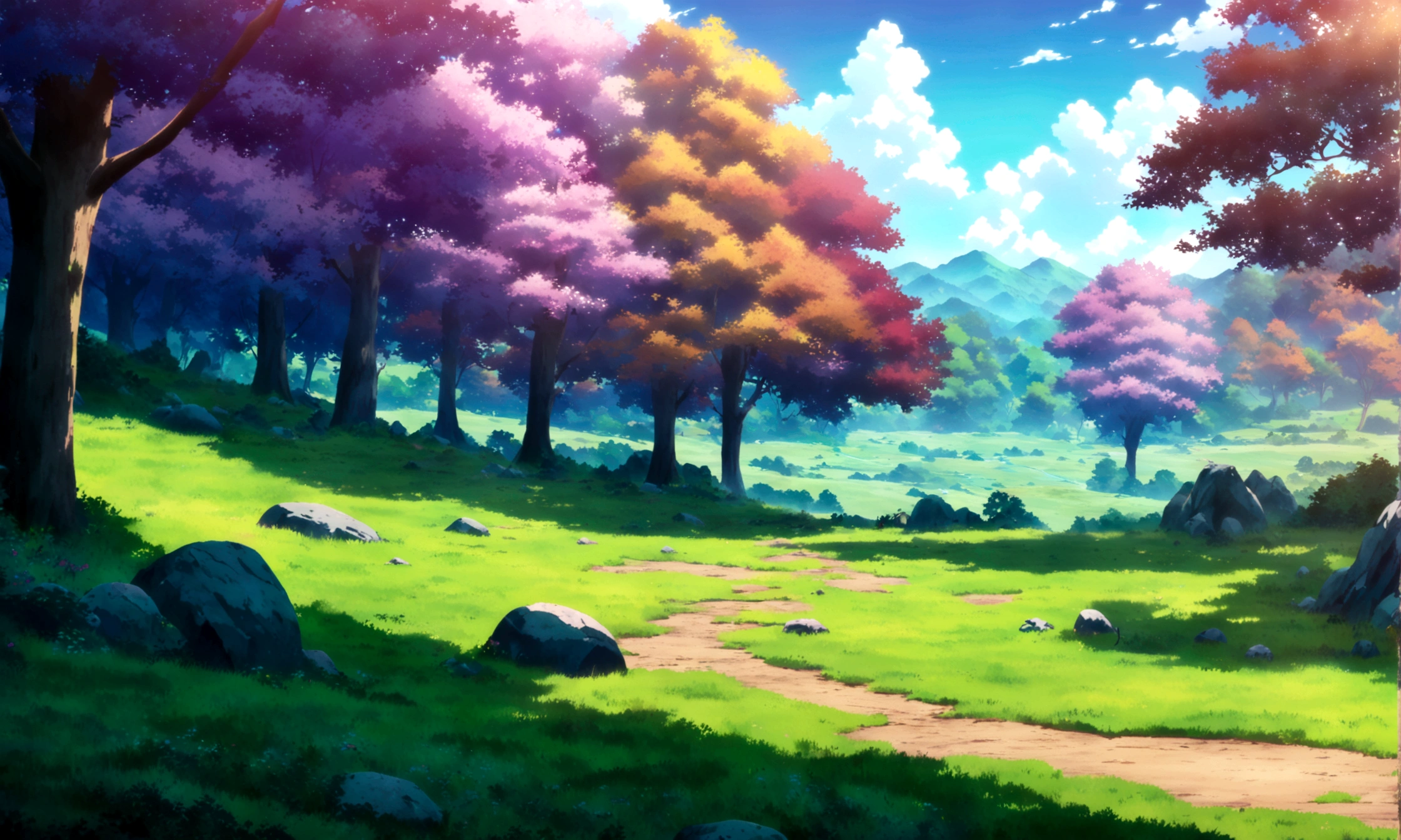 
anime - style painting of a tree in a grassy field with rocks, anime countryside landscape, anime landscape, anime landscape wallpaper, anime background art, beautiful anime scenery, anime background, anime beautiful peace scene, anime scenery, anime movie background, anime nature, anime scenery concept art, colorful anime movie background, beautiful anime scene, anime scene, beautiful landscape background