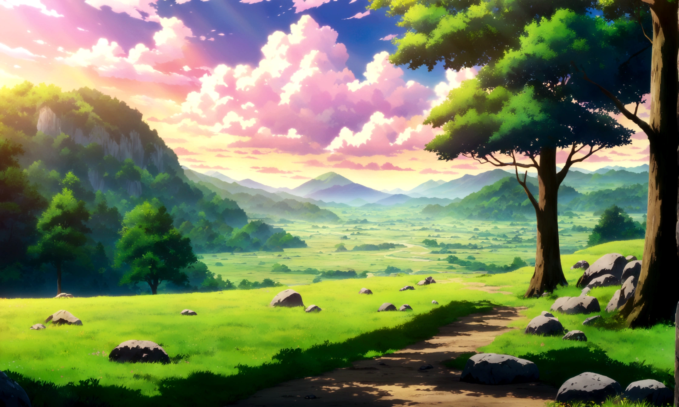 
anime - style painting of a tree in a grassy field with rocks, anime countryside landscape, anime landscape, anime landscape wallpaper, anime background art, beautiful anime scenery, anime background, anime beautiful peace scene, anime scenery, anime movie background, anime nature, anime scenery concept art, colorful anime movie background, beautiful anime scene, anime scene, beautiful landscape background