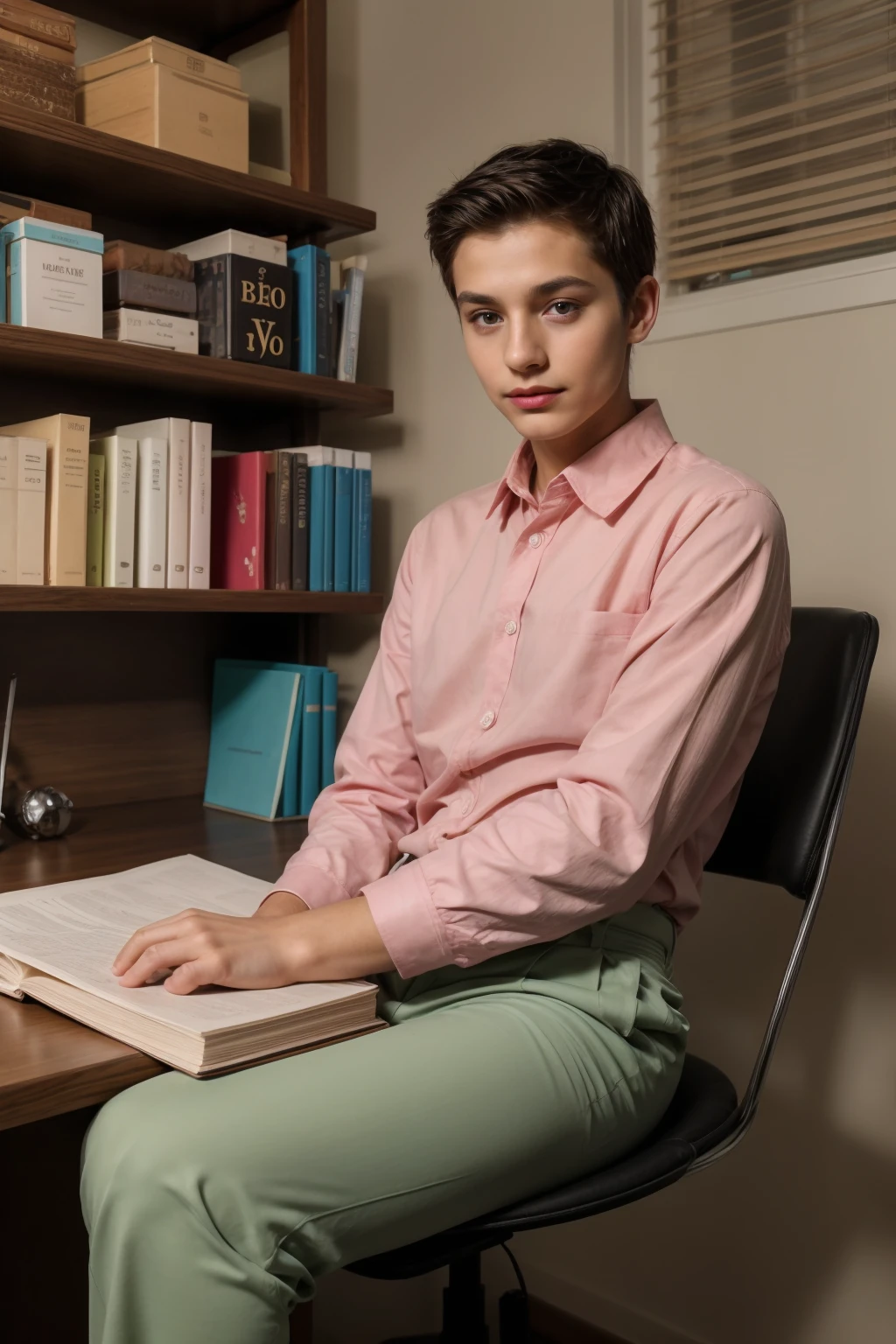 A cute, beautiful young male twink with a face with makeup and red lips. He has black hair. He is wearing a long-sleeved, pink shirt and aqua blue pants. He is in his office, sitting on a luxurious desk, studying with a huge book. Behind him is a blackboard with calculus written on it. He looks proudly. He is gay.  Innocent face.