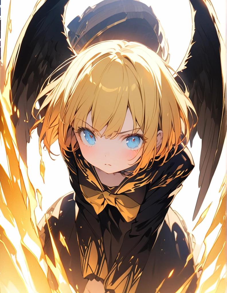 masterpiece　Golden Wings　A masterpiece of ultra-precise description of a girl fighting with golden flames (Short Bob Hair:1.4),(blue eyes)Fighting pose Golden flames rise all over