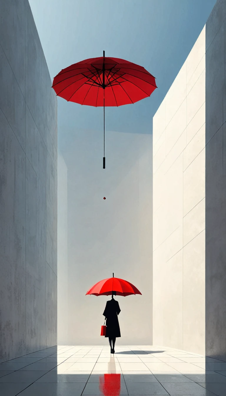 simple,Minimalist illustration,geometry,cube,Light and Shadow,One red umbrella-suspended in the air,solitary figure