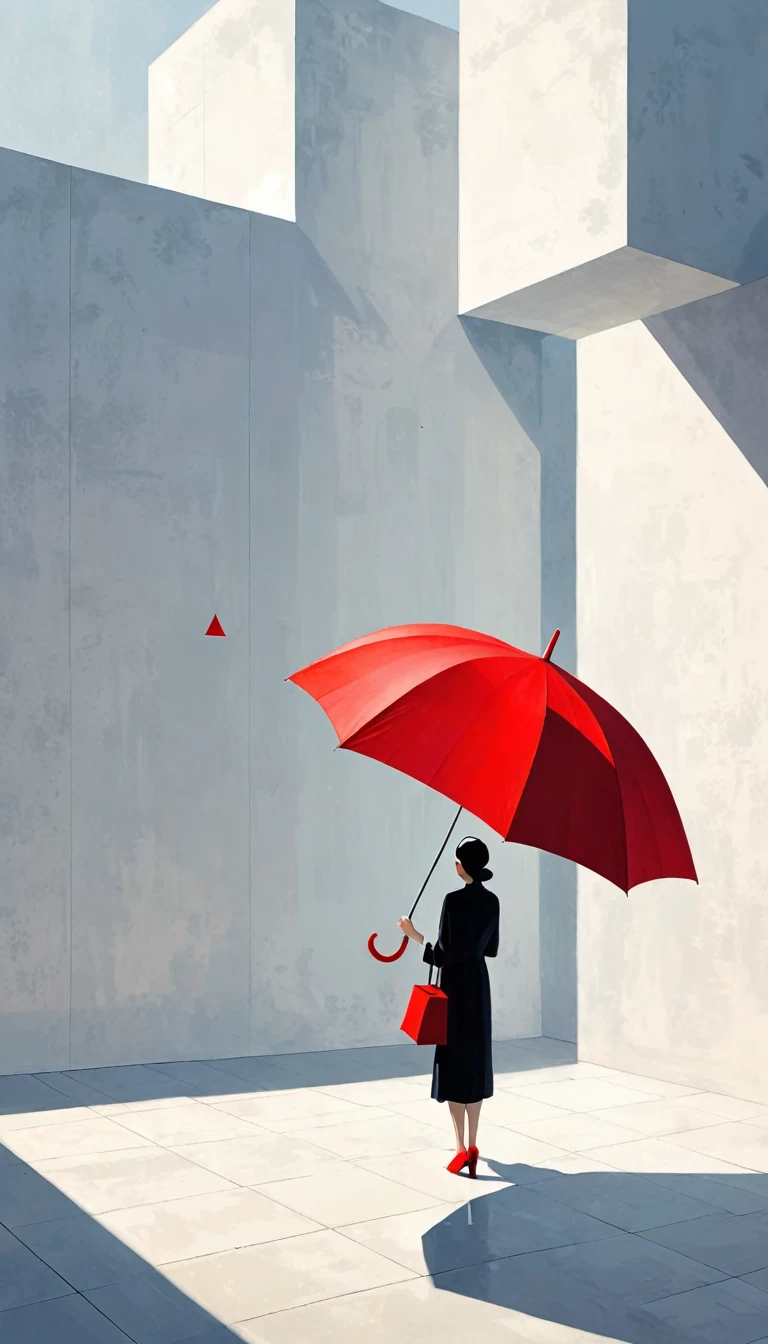 simple,Minimalist illustration,geometry,cube,Light and Shadow,One red umbrella-suspended in the air,solitary figure