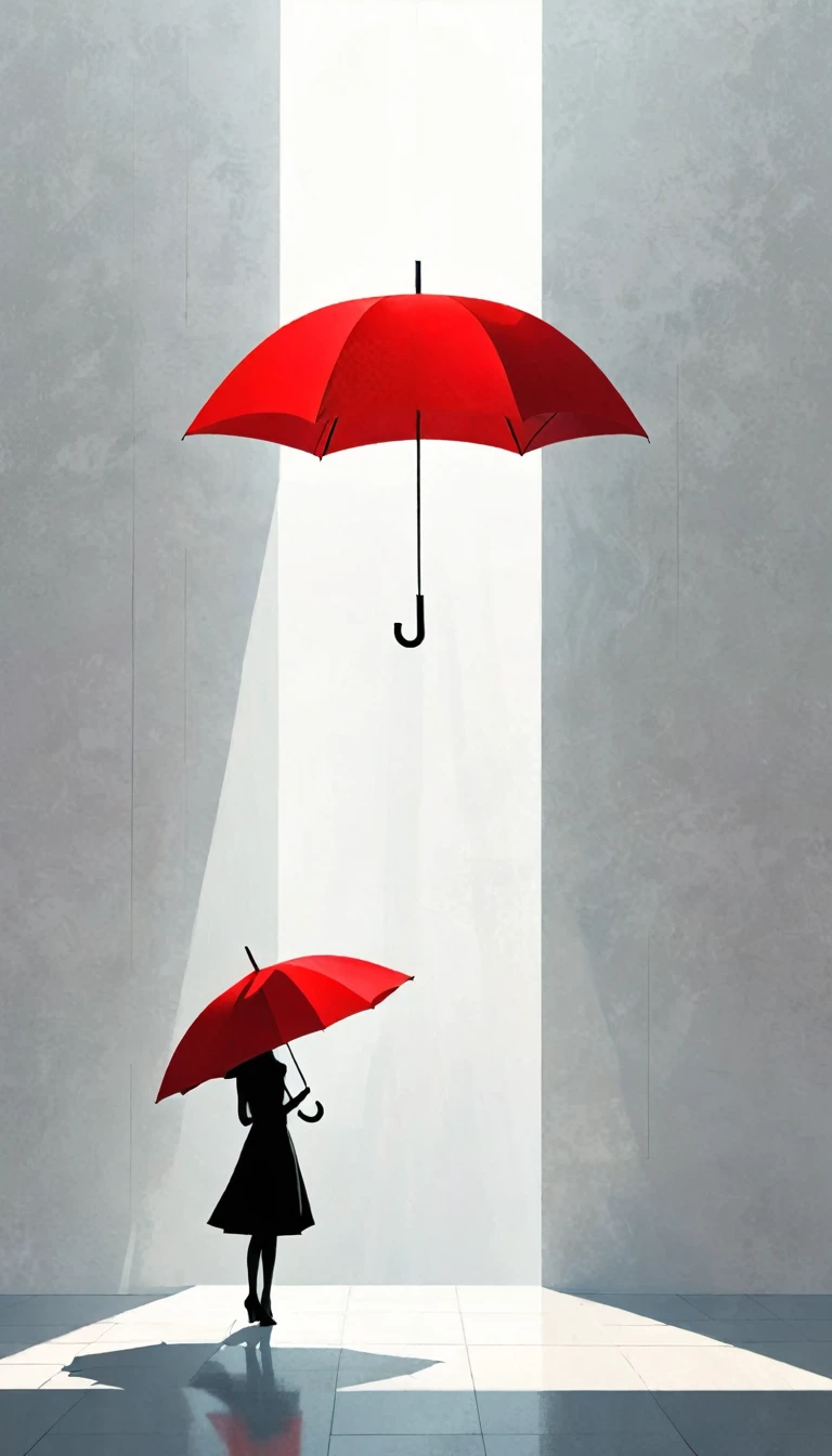 simple,Minimalist illustration,geometry,cube,Light and Shadow,One red umbrella-suspended in the air,solitary figure