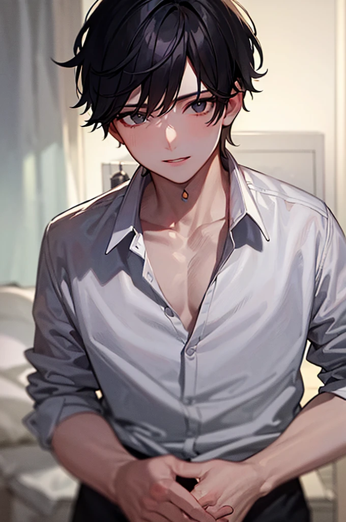 (masterpiece, best quality),1boy with black hair, white shirt, ((boy)), detailed face, night time