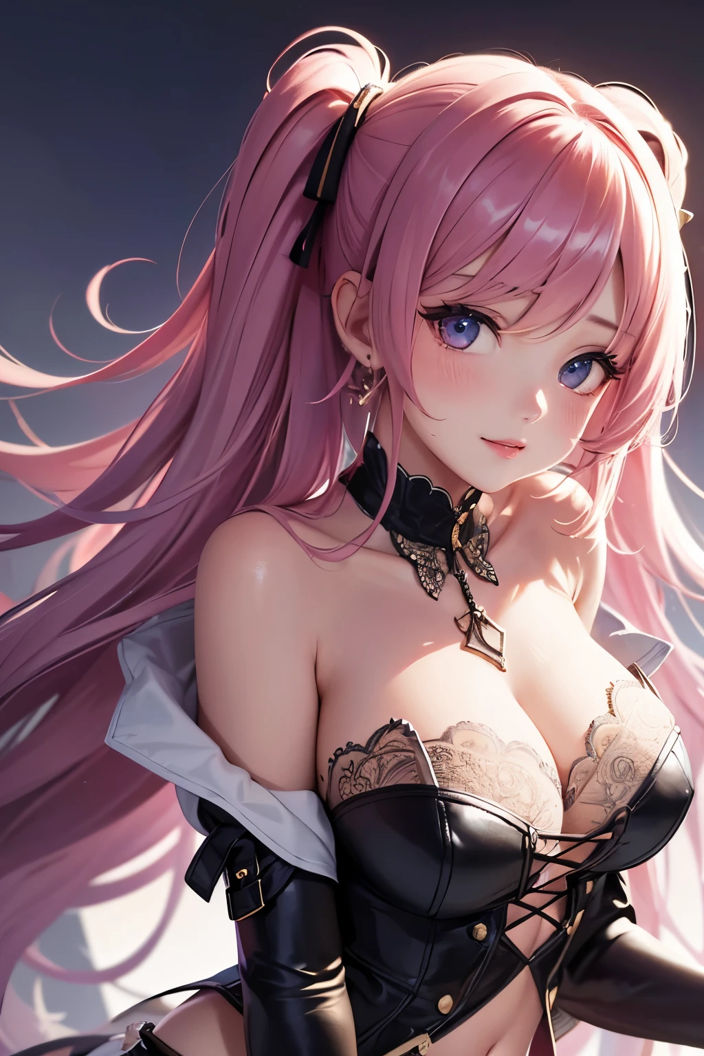 masterpiece, best quality, highly detailed, high resolution, expensive resolution, high resolution, 4k, 8k, uniform 8k wallpaper, highly detailed CG, masterpiece, 2d, 3d, beautiful details, depth, fine texture, best quality: 1.3, perfectly focused, sharp. skin, him, very cute anime girl, cute 20s girl in idol outfit, big , pink medium long hair in expensive clothes, mole under eye, looking at the viewer, expensive, blush, mole, open lips, pink eyes, smiling heart shaped choker, dome concert