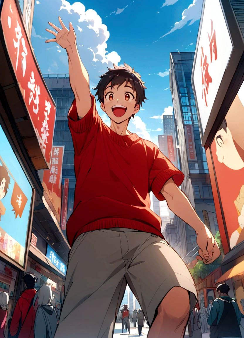 Create an anime-style illustration of a cheerful boy in a bustling cityscape. The perspective should be from a low angle, making the subject appear towering and dynamic. The boy is wearing a bright red sweater, gray shorts, and red sneakers. He has a happy expression, with his arm raised in excitement. The background features tall buildings with billboards and advertisements, resembling a vibrant urban setting. The sky is clear with a few clouds, adding to the lively atmosphere.