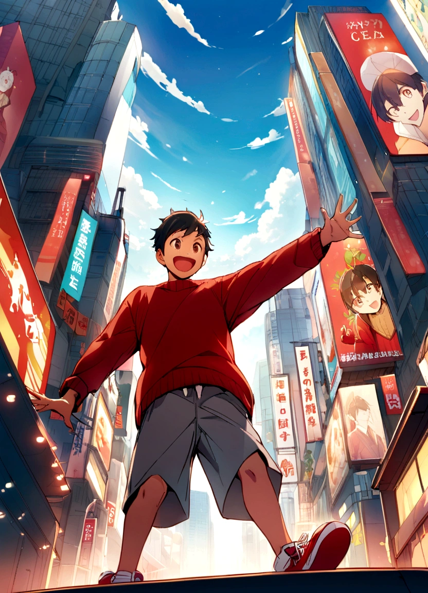 Create an anime-style illustration of a cheerful boy in a bustling cityscape. The perspective should be from a low angle, making the subject appear towering and dynamic. The boy is wearing a bright red sweater, gray shorts, and red sneakers. He has a happy expression, with his arm raised in excitement. The background features tall buildings with billboards and advertisements, resembling a vibrant urban setting. The sky is clear with a few clouds, adding to the lively atmosphere.