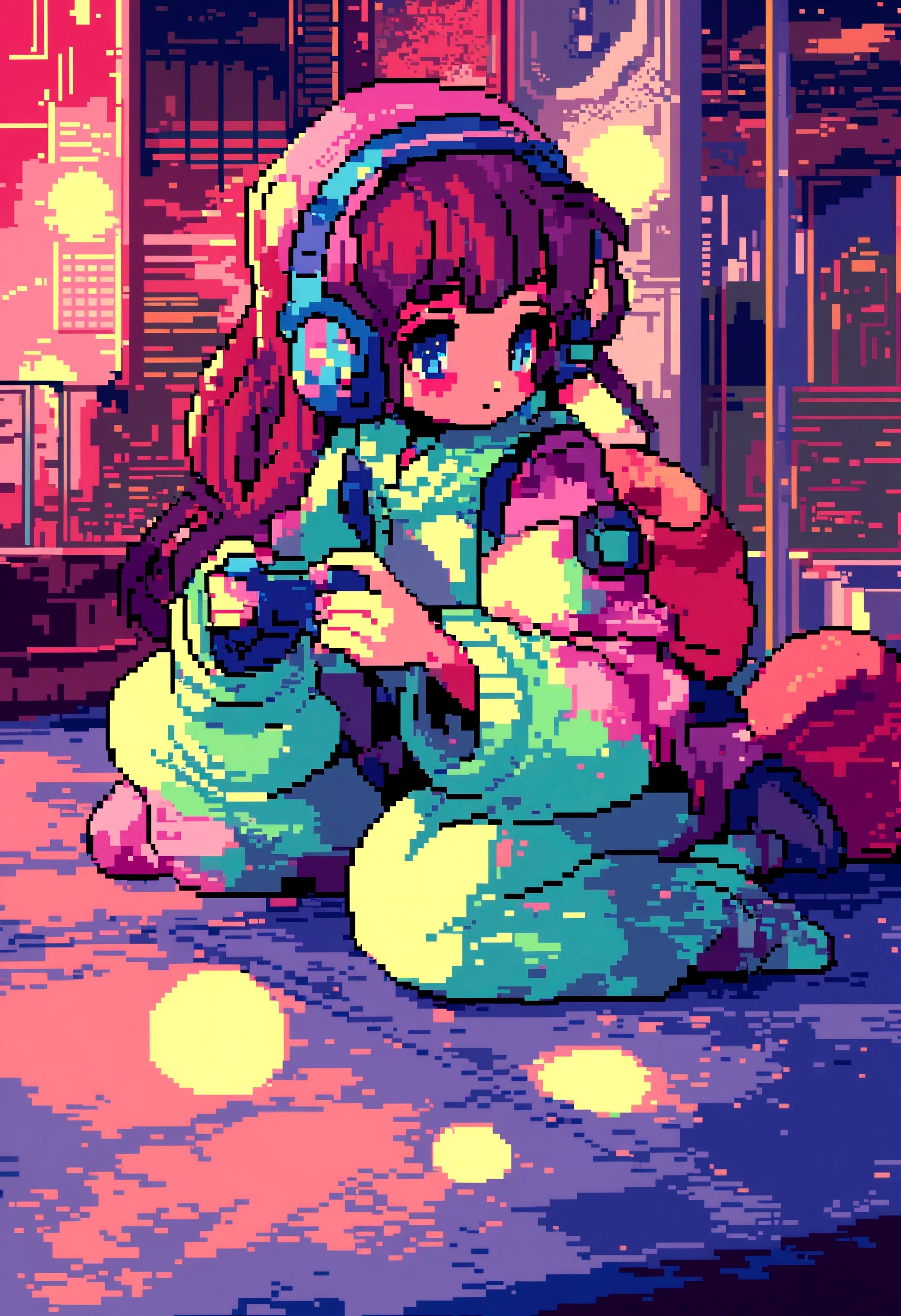 Pixel art,pixel,Retro,City Pop,Highest quality, masterpiece, Ultra-high resolution, Very detailed, Girl playing games, body, Anime illustration, Keyframe illustration, Digital anime art, Lo-fi Girl,, Anime-style illustrations, Lofi Art Style, Anime illustration