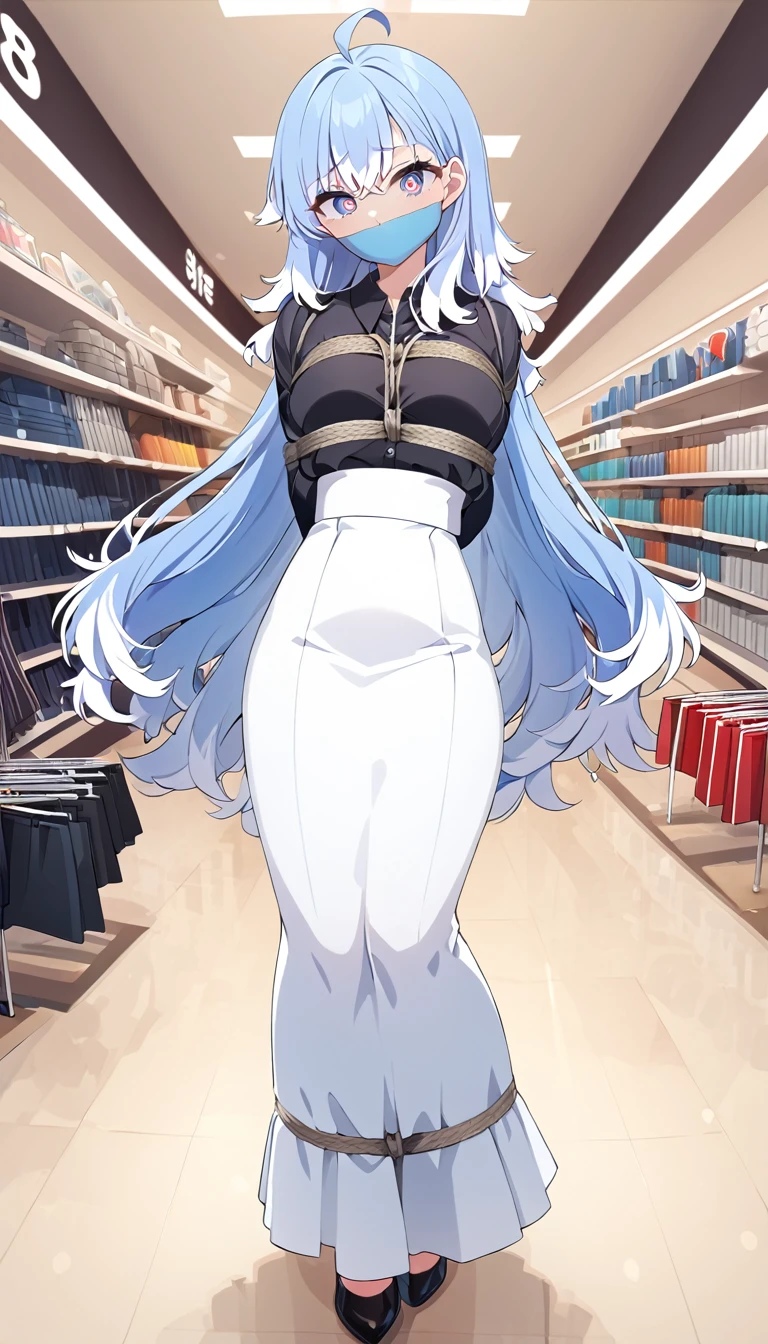 score_9, score_8_up, source_anime, 1girl, solo, KoboKanaeru, blue eyes, long hair, blue hair, colored tips, white hair, high-waist skirt, long skirt, white skirt, black shirt, long sleeves, , standing, indoors, shopping mall, (bound with an excessive amount of ropes), (bound wirsts), (arms behind back), (tapegag, tape gag), dramatic,  (looking at viewer), (detailed pupils:1.3),ahoge,pencil skirt