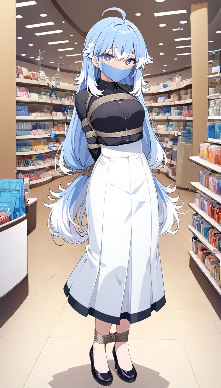 score_9, score_8_up, source_anime, 1girl, solo, KoboKanaeru, blue eyes, long hair, blue hair, colored tips, white hair, high-waist skirt, long skirt, white skirt, black shirt, long sleeves, , standing, indoors, shopping mall, (bound with an excessive amount of ropes), (bound wirsts), (arms behind back), (tapegag, tape gag), dramatic,  (looking at viewer), (detailed pupils:1.3),ahoge,pencil skirt