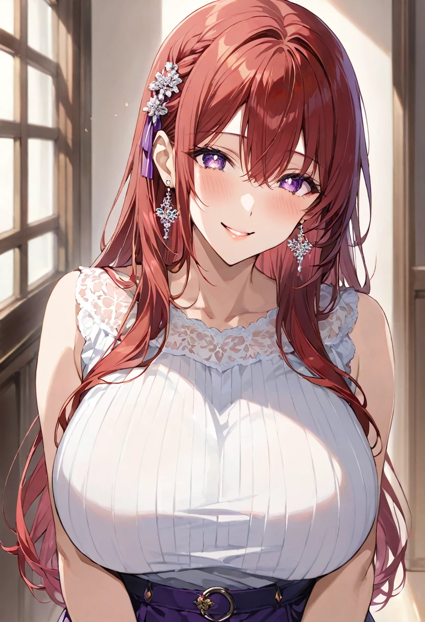 masterpiece, best quality, ultra detailed, sparkling eyes, anime, adult woman, middle aged woman, solo, long hair, red hair, purple eyes, woman, model, beautiful, Casual clothes. Hair accessories. Unusual hairstyles. Earrings. Greeting. Sharp ears. Big ??????. Upper body. Beautiful anime art. Mommy. Onee-san. Soft smile