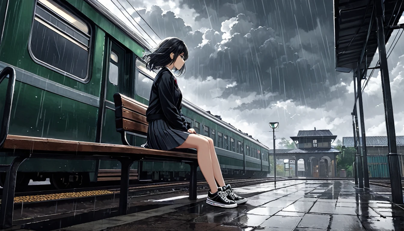 Ultra high definition photo. The sky is cloudy and full of dark clouds. It's dark like a place where it's going to rain. At an old train station, a girl sits lonely on her bench. Her hair is flying. The girl is wearing her pleated skirt and her bb sneakers. You can see the back of the train that has just passed. Close-up side shot of a girl