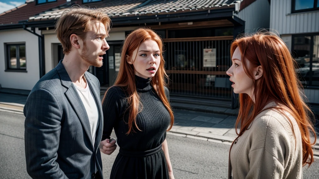 Norwegian man arguing with Norwegian redhead woman, arguing on the streets of Norway, in front of the house, realistic image