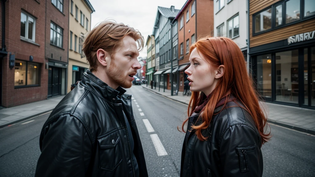 Norwegian man arguing with Norwegian redhead woman, arguing on the streets of Norway, in front of the house, realistic image