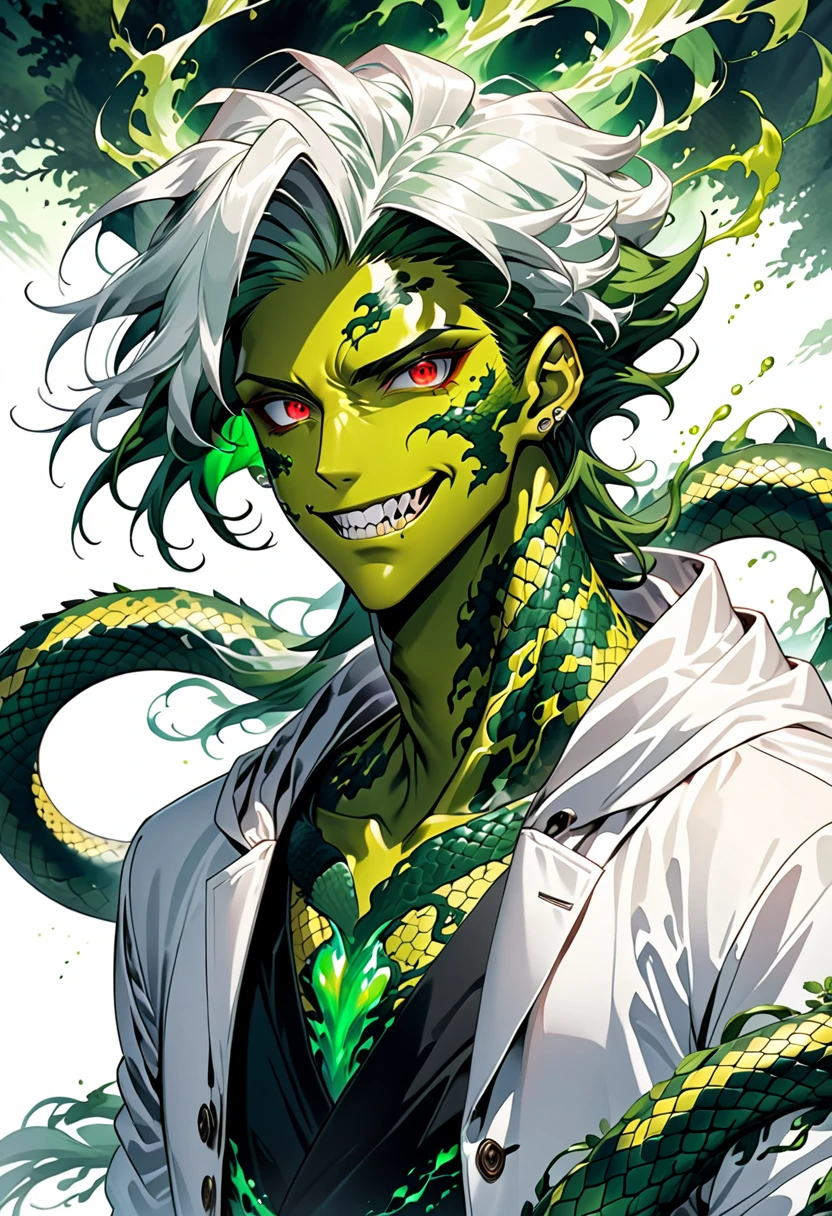 Generate an anime-style illustration of a age male character with the appearance of a Gorgon. He should have pale skin, sharp facial features, and a monstrous look, with green scales covering parts of his face and body. His hair should be made entirely of slender, elegant white snakes with subtle green highlights, all oozing a green liquid aura. The snakes should have piercing red eyes. The character should be wearing a white trench coat hoodie with accents of green, creating a harmonious green and white color theme. He should have a sinister grin on his face. Please ensure that the overall aesthetic remains true to traditional anime art style