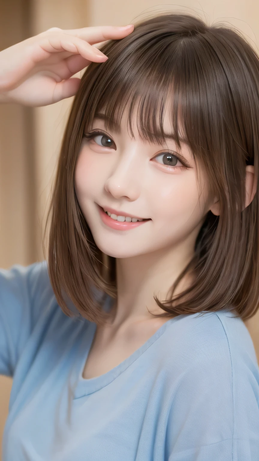 closeup shot , Best picture quality (8K, high resolution, Masterpiece: 1.2), super detailed, 215 Short Hair, 16-year-old woman,
Close-up of face
, random cute pose ,big eyes ,Puffy eyes , Heart Pupil, blush , huge shy smile , salute