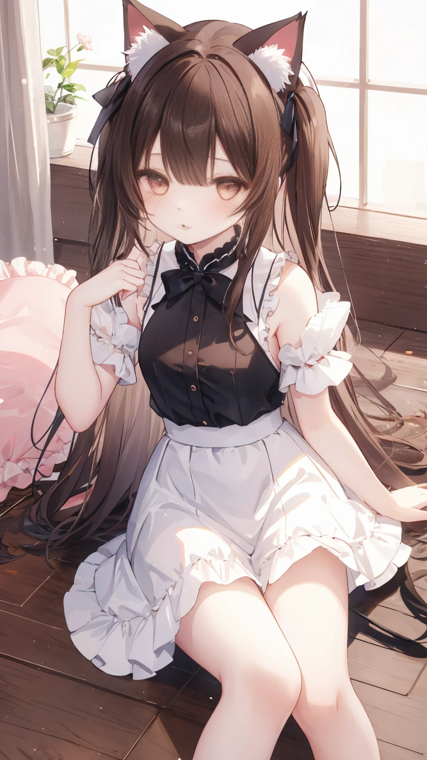 1 Girl, Solitary, Long hair, breast, Looking at the audience, Bangs, Brown hair, High Leg Raise, skirt, Animal ears, Brown eyes, sit, Shut up, whole body, Ruffles, sleeveless, exist室内, Cat ears, white skirt, Vague, white High Leg Raise, Lips, Pillow, floor, Vague background, fake Animal ears, on floor, Variza, Plush Toys, exist, Practical, floorroom