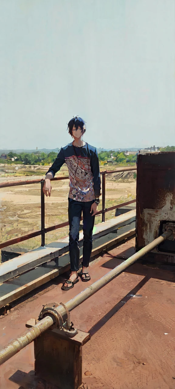 1boy, apple, bag, bangs, berry, black hair, black shirt, blue eyes, hair between eyes, jewelry, leaf, looking at viewer, male focus, necklace, pants, shirt, solo, watch, white pants, wristwatch, messy hair, trending on artstation, 8k resolution, highly detailed, anatomically correct, sharp image, digital painting, concept art, trending on pixiv, style of makoto shinkai,