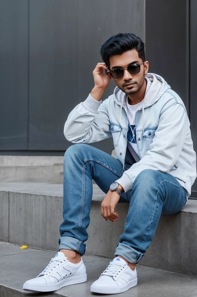 Create a 3D illustration of an animated character sitting casually on top of social media logo "Instragram" . The character must wear casual modern clothing such as jeans jacket sneakers shoes. The background of the image is a social media profile page with username "aditya_rajput5203" and a profile picture that matches animated character