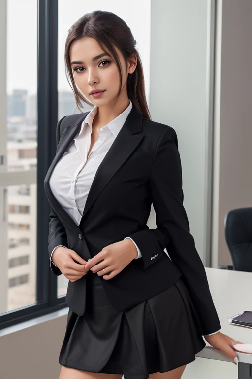 Japanese,office, tight jacket suit,Sexy expression,Sexy look,Emphasizes the chest,skirt,sadistic,Legs crossed,Sharp eyes,My perspective,lure,30th Generation,Nipples,Black Hair.Small breast size, Arms crossed,Small eyes,Clear shirt,Leaking,Hair tied into one,Female CEO,Have a luxury bag,Buttoned shirt