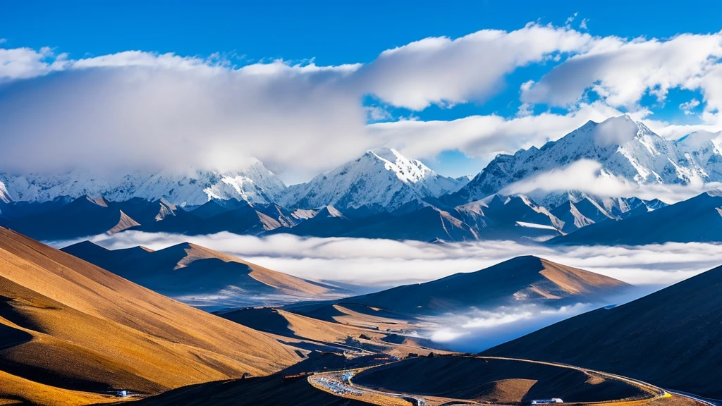 Tibet, background landscape of snowy mountains and lots of fog:1.3. Asian, TIBET.
