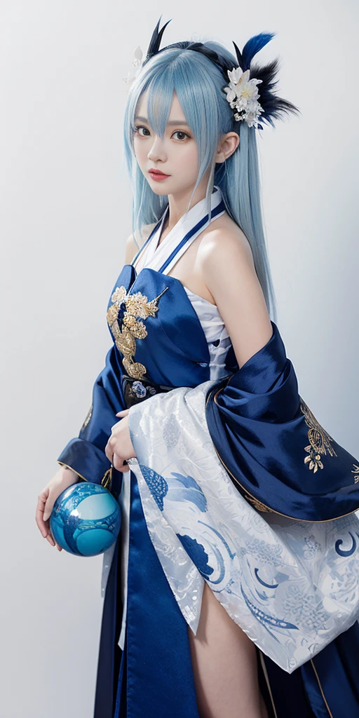 a girl with a blue and white dress holding a blue ball, onmyoji, onmyoji detailed art, onmyoji portrait, white haired deity, keqing from genshin impact, genshin, from arknights, Clorinde from genshin impact, heise jinyao, by Shitao, loong, by Yang J, yun ling