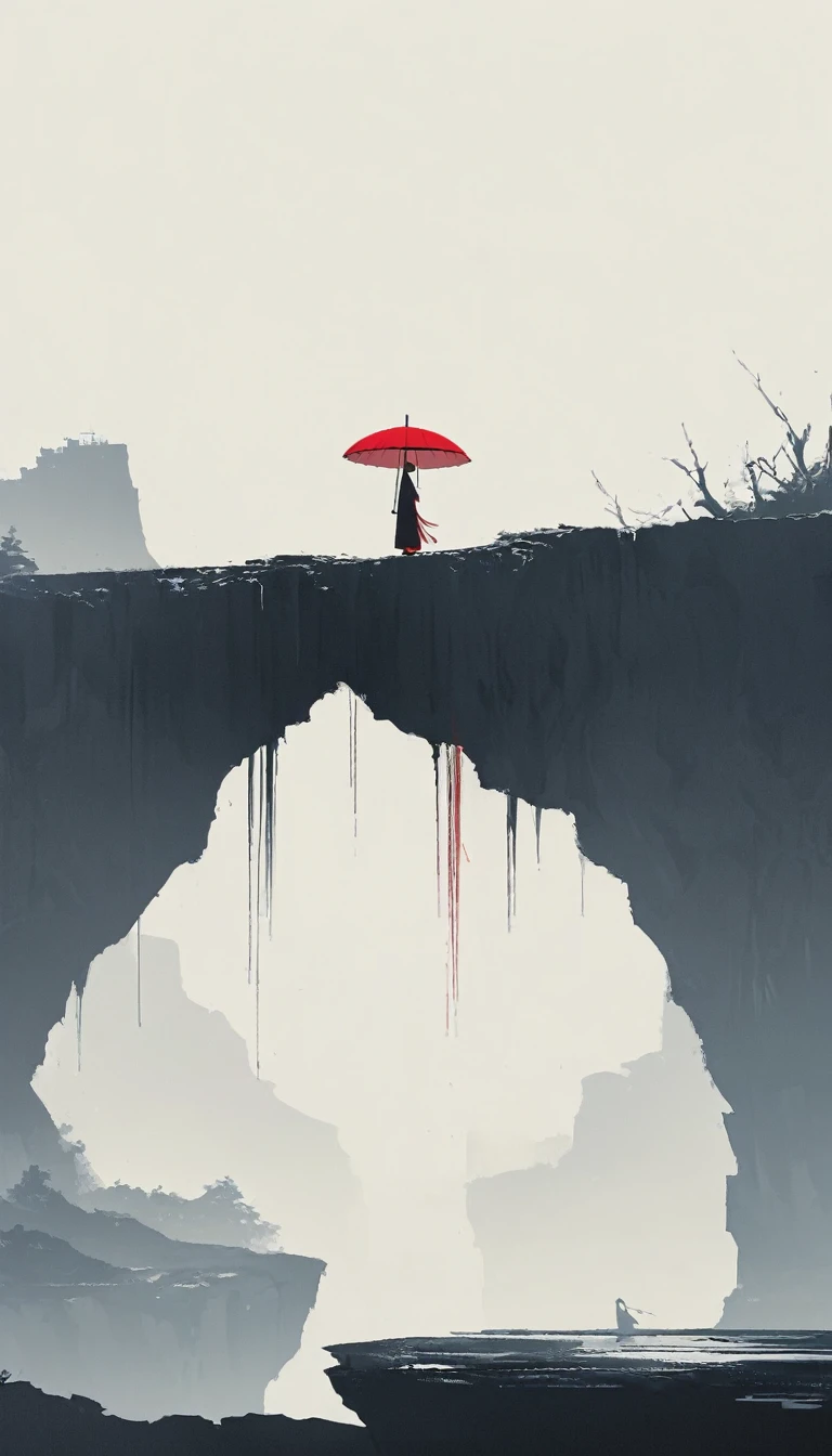 simple，Minimalist illustration，1pcs red umbrella-suspended in the air，Tassels on umbrellas，solitary figure，Cliff Edge