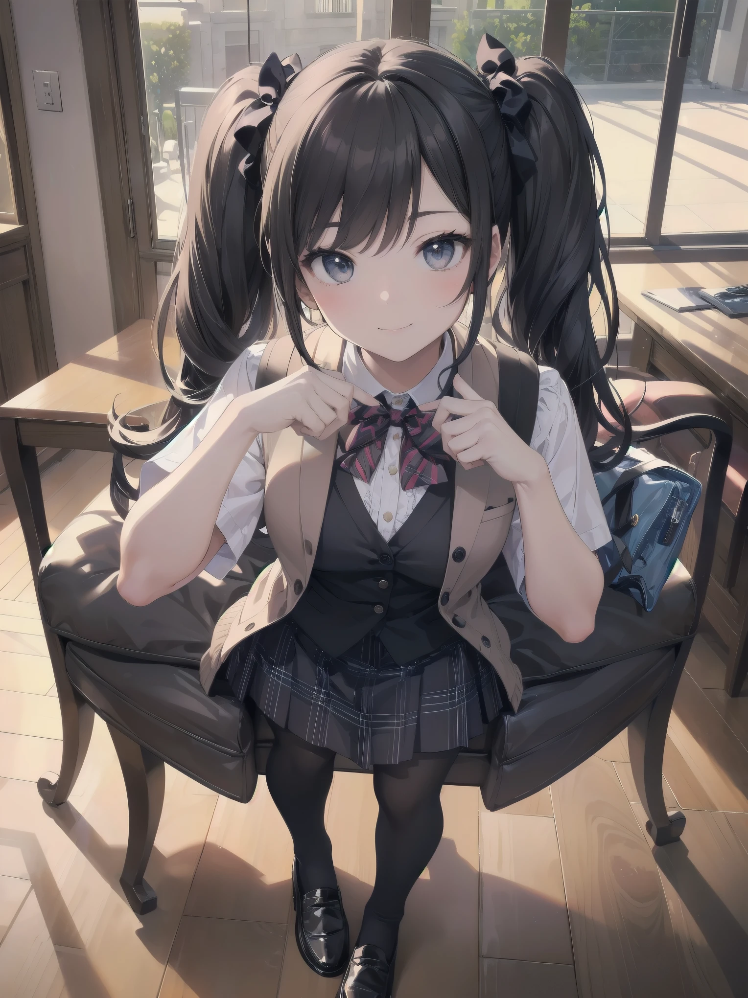 (Top quality, 16K, masterpiece, super high resolution, Victorian era, photorealistic: 1.2), perfect illustration with every detail created by a master 2020's animation illustrator, BREAK 1 girl, soro, twintails, bow, cardigan vest, short sleeve shirt, plaid skirt, over black legwear, loafers, smile, Sexual girl, Dressy styles that are glamorous and pretty, with an emphasis on cuteness, bright shades and pop designs