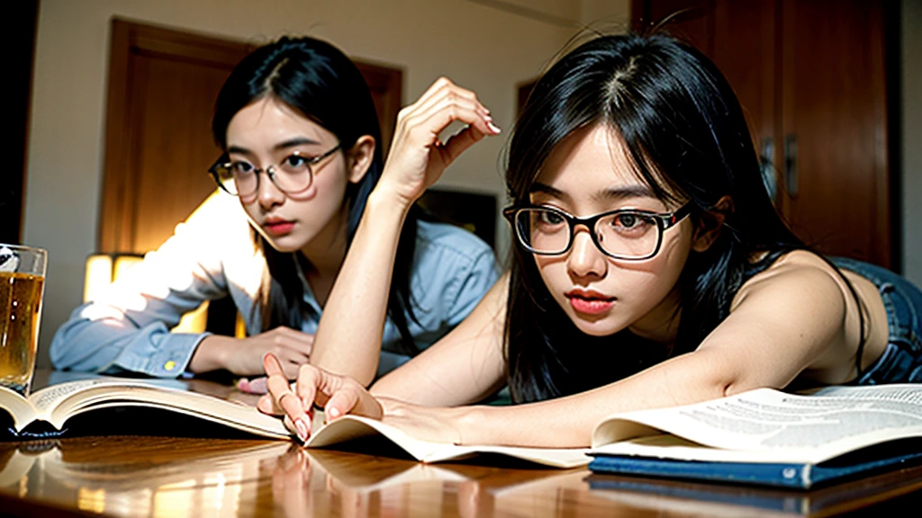 1girl, Studying .night、Glasses