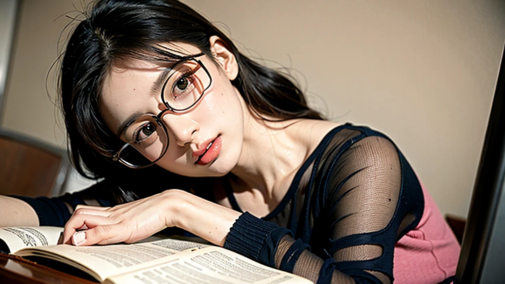 1girl, Studying .night、Glasses