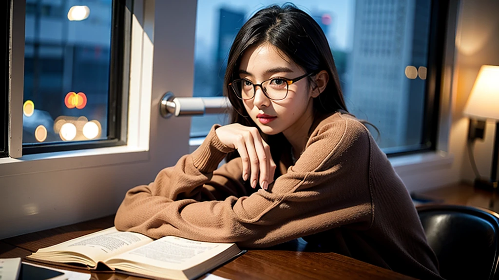 1girl, Studying .night、Glasses