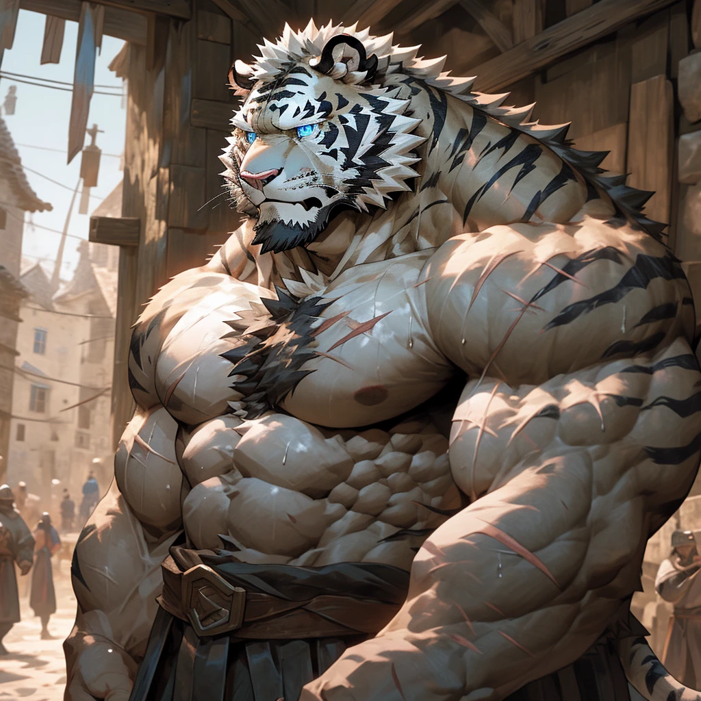 Sweating muscular man in a medieval village,Topless,With furry anthropomorphic chest hair,Serious face(scars in the face) Mature (blue eyes)Big muscles,Ripped abdominal muscles,Wild General,Ambitious,Consider,Uncle vicissitudes,White Tiger