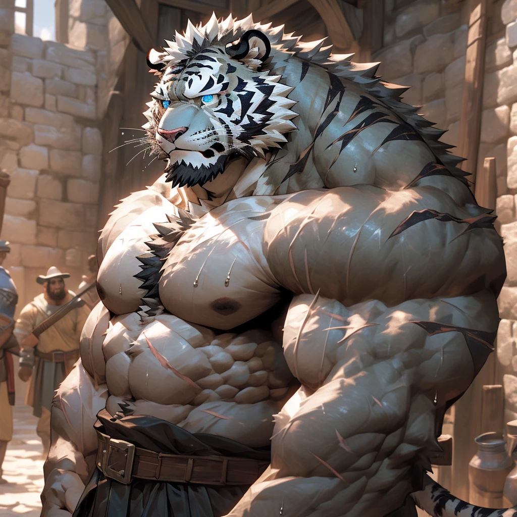 Sweating muscular man in a medieval village,Topless,With furry anthropomorphic chest hair,Serious face(scars in the face) Mature (blue eyes)Big muscles,Ripped abdominal muscles,Wild General,Ambitious,Consider,Uncle vicissitudes,White Tiger