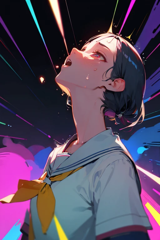 masterpiece, best quality, school girl , upper body, open , psychedelic background, drunk eyes, looking up, motion blur, trembling with climax, Flickering effect,(sweaty)
