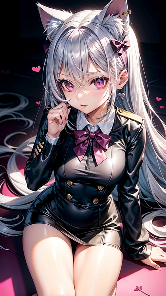 Silver hair, pink eyes, body, cat ears, sexy girl, earrings, heart background, uniform, hair bows, sit down