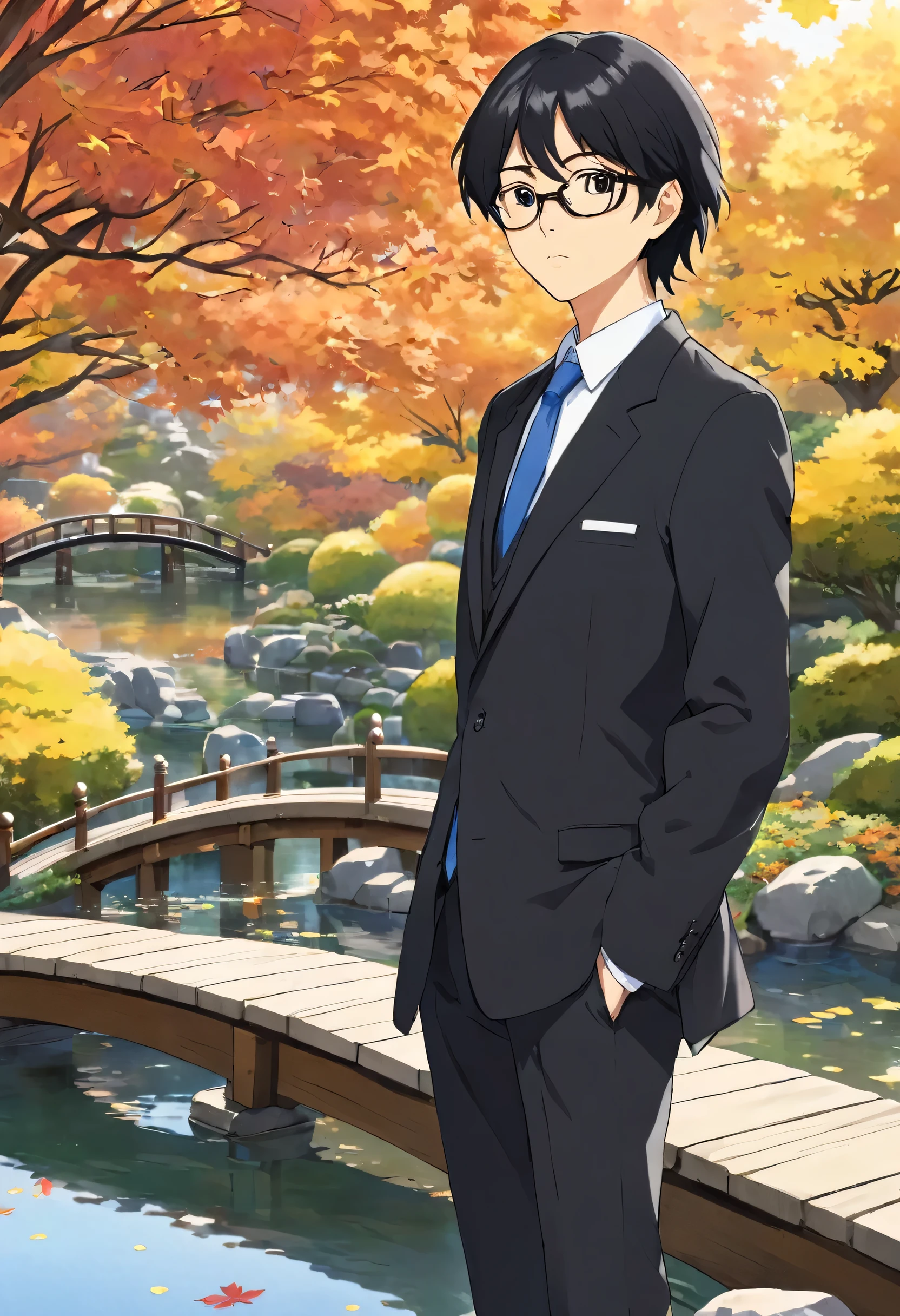 Rei Kiriyama from "March Comes in Like a Lion" standing in a serene Japanese garden during autumn. He is wearing his signature black-framed glasses, a consisting of a white shirt, a blue tie, and a black blazer. His black hair is slightly messy, and he has a thoughtful expression on his face. The background includes colorful autumn leaves, a traditional wooden bridge, and a koi pond. The scene is peaceful and captures the essence of autumn.