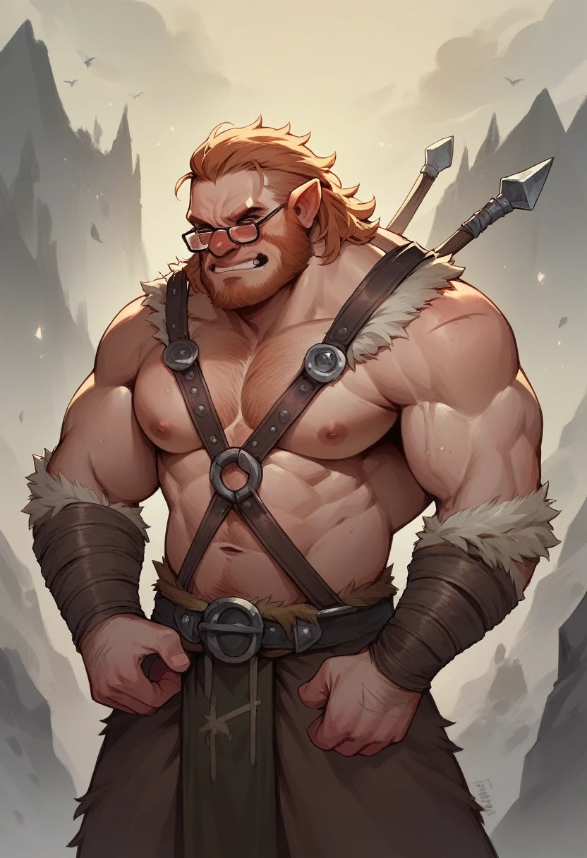 Dwarf barbarian in glasses with an ax in his hands