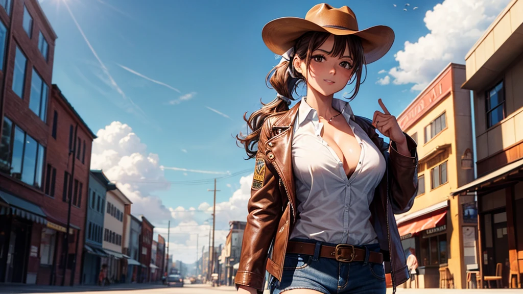 1girl, solo, wild west, summer, village, western, cowboy, sun, clouds, ((brown hair)), curly hair, ponytail, large full breasts, ((brown leather jacket)), button down shirt, ((white shirt)), ((short sleeved shirt)), ((unbuttoned shirt)), unbuttoning buttons, cleavage 1:3, brown eyes, shorts, boots, grin, looking at the viewer, standing, hair ribbon, golden necklate, gun, shooting, cowboy hat