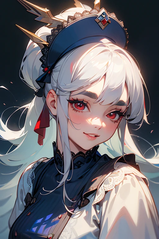 (Highest quality, masterpiece:1.2), (High resolution, 最高masterpiece).(difficult).Very detailed, Realistic:1.37, Fantasy, An illustration,Gray Hair、 Red eyes、Queen, Navy and blue dress、beautifully、Eyeshadow Red、Thick eyebrows、Long eyelashes、pupils are black、shiny on the lips、Top Sites、Queen、Princess、A kind smile、Show your teeth a little and smile、Soft impression、people々Loved by、Slimming the face、Shoulder Bare、ponytail、Kissing Face、Long white hair、Shaggy Bangs、Save face image、Lace Underwear、、