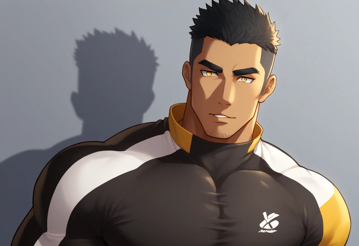 anime characters：Gyee, Muscle Sports Student, ????? black skin, 1 dark skin muscular tough guy, Manliness, male focus, Light yellow high collar long sleeve tight T-shirt, Wear a sports jacket, Very tight, Round, full and perky chest muscles, Slightly transparent, muscular male, muscular, only, Upper body, alone, Black short hair, Thick eyebrows, stubble, Yellow eyes, Grey background, simple background, amazing quality, best aesthetics, Ridiculous, bright pupils, crew cut, parted lips, seductive smile, torogao, naughty face, drop shadow, best quality