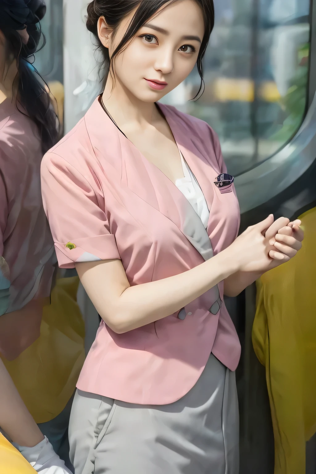 (masterpiece:1.2, Highest quality:1.2), 32k HDR, High resolution, (alone、1 girl)、 (Height: 160cm)、（On the rooftop of a building in the daytime、Professional Lighting）、Building rooftop background、（Nankai train crew uniform pinkを着たリアルスタイル）、（Nankai train crew uniform pink short sleeve collarless pink jacket、Nankai Train Crew Uniform Pink Collarless Short Sleeve Blouse、Nankai Train Crew Uniform Pink Grey Knee-length Culottes）、（The pink jacket is showing from the culottes.）、Dark brown hair、（Long hair that goes up to the chest、Let your hair down）、Long Shot、Big Breasts、Thin legs、（（Great hands：2.0）），（（Harmonious body proportions：1.5）），（（Normal limbs：2.0）），（（Normal finger：2.0）），（（Delicate eyes：2.0）），（（Normal eyes：2.0））)、smile、（Nankai Train Crew Uniform Pink Grey Knee-length Culottesを見せた美しい歩く姿）、Place your hands around your stomach