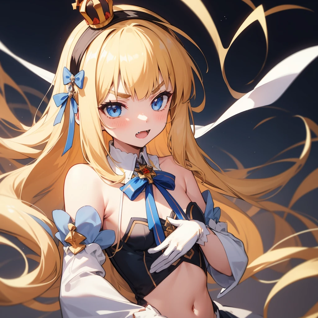 (masterpiece, best quality:1.2),illustration,8k,hd,1girls,solo,upper body,(portrait:1.2),blonde_hair,long_hair,blue_eyes,hairband,mini_crown,hair_bow,bangs,black_hairband,small_breasts,white_bow,very_long_hair,gloves,white_gloves,white_thighhighs,dress,fang,covered_navel,detached_sleeves,flat_chest,v-shaped_eyebrows,zettai_ryouiki,detached_collar,full_body,ribbon,