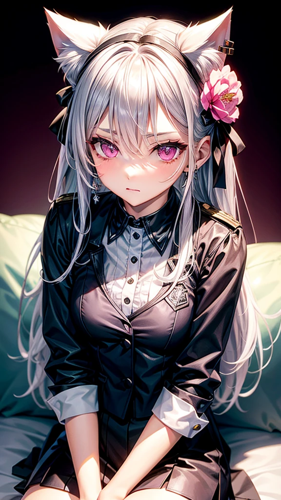 Silver hair, pink eyes, body, cat ears, sexy girl, earrings, flower background, uniform, hair bows, sit down