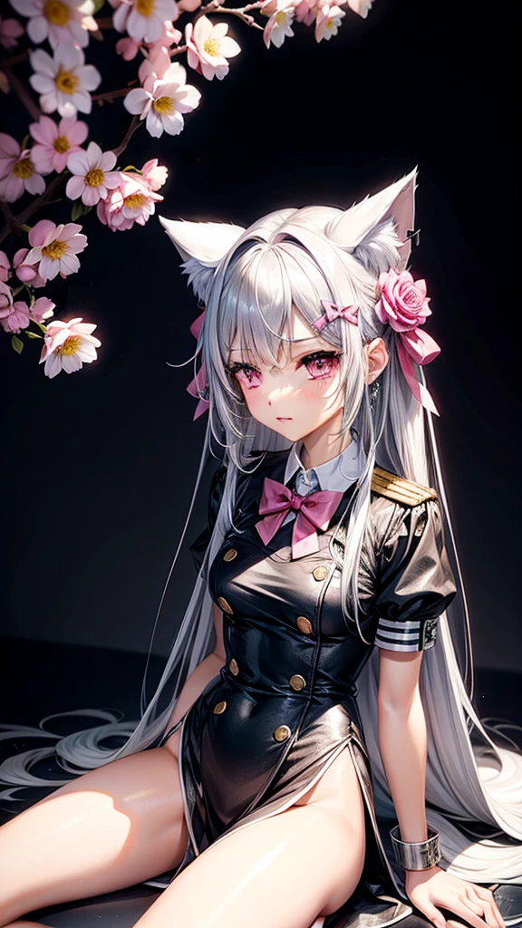 Silver hair, pink eyes, body, cat ears, sexy girl, earrings, flower background, uniform, hair bows, sit down