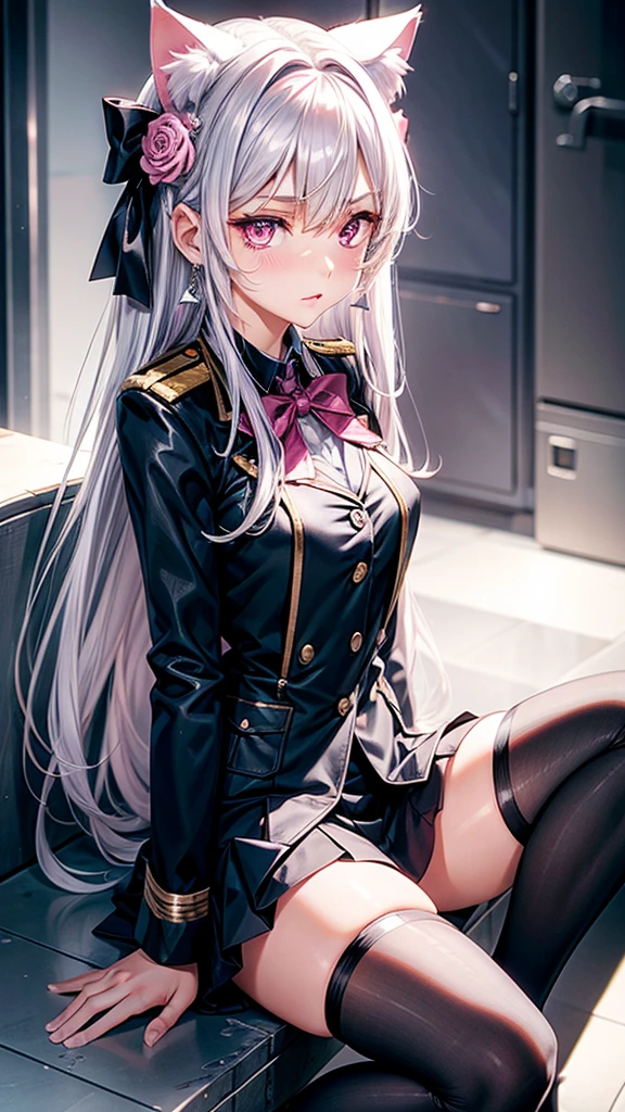 Silver hair, pink eyes, body, cat ears, sexy girl, earrings, flower background, uniform, hair bows, sit down
